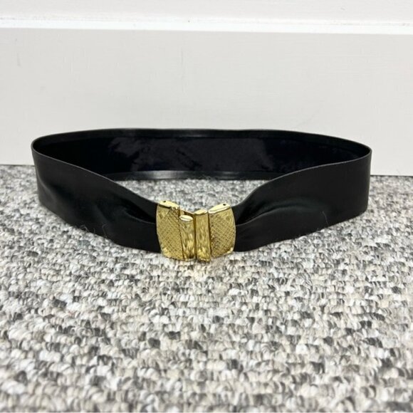 Vintage 80s Gutos black gold metal clasp wide belt main image 8